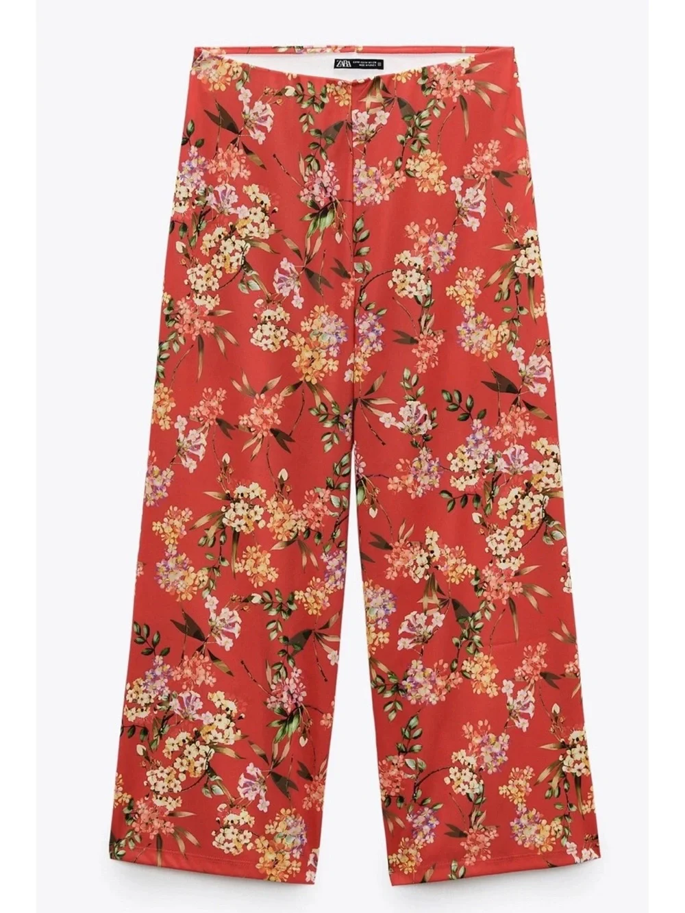 Zara Floral Wide Leg Pants Red Boho Summer Vacation High Rise Pants Size S EUC